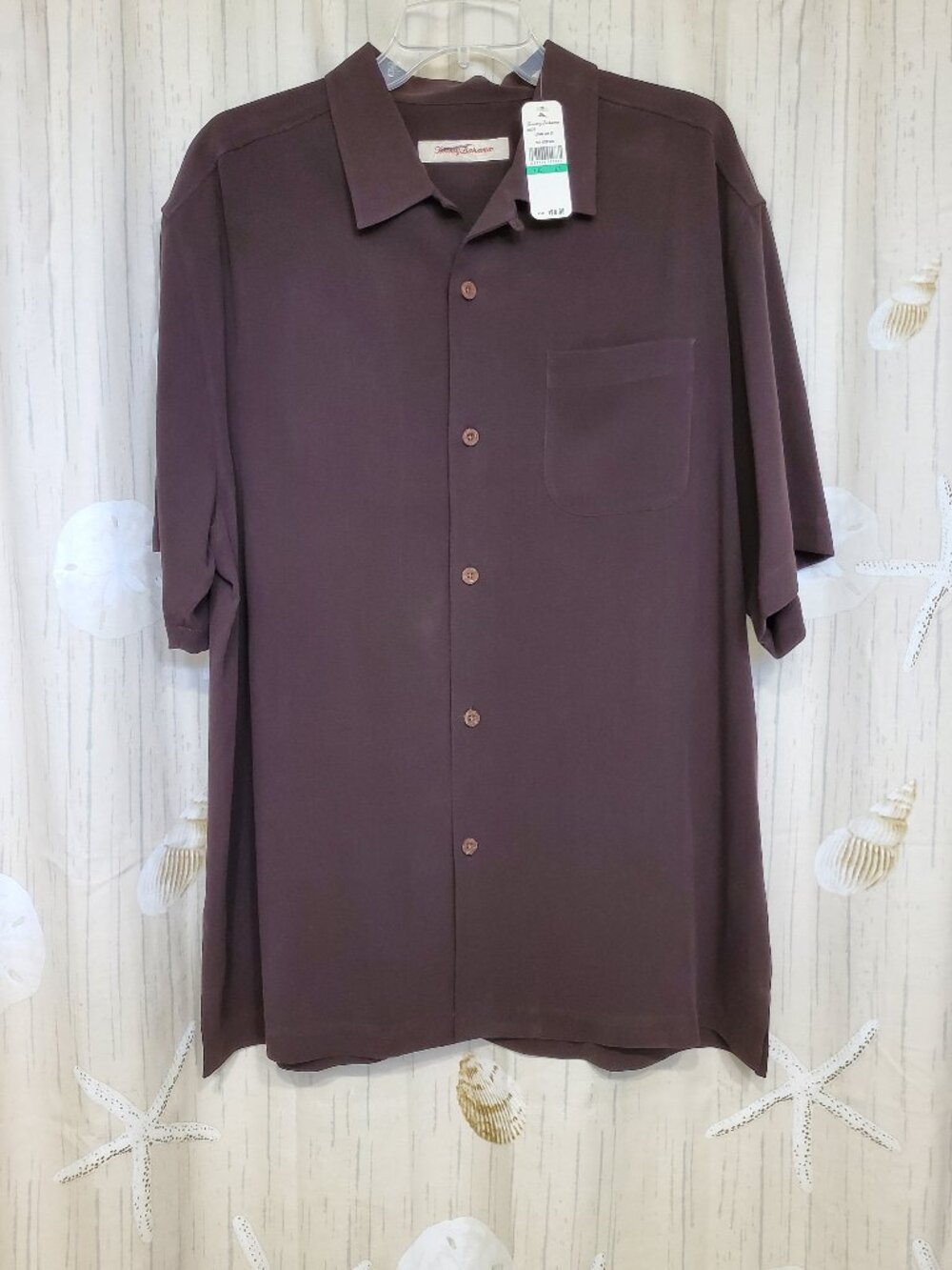 TOMMY BAHAMA MENS SHORT SLEEVE BROWN SILK SHIRT...NEW WITH TAG